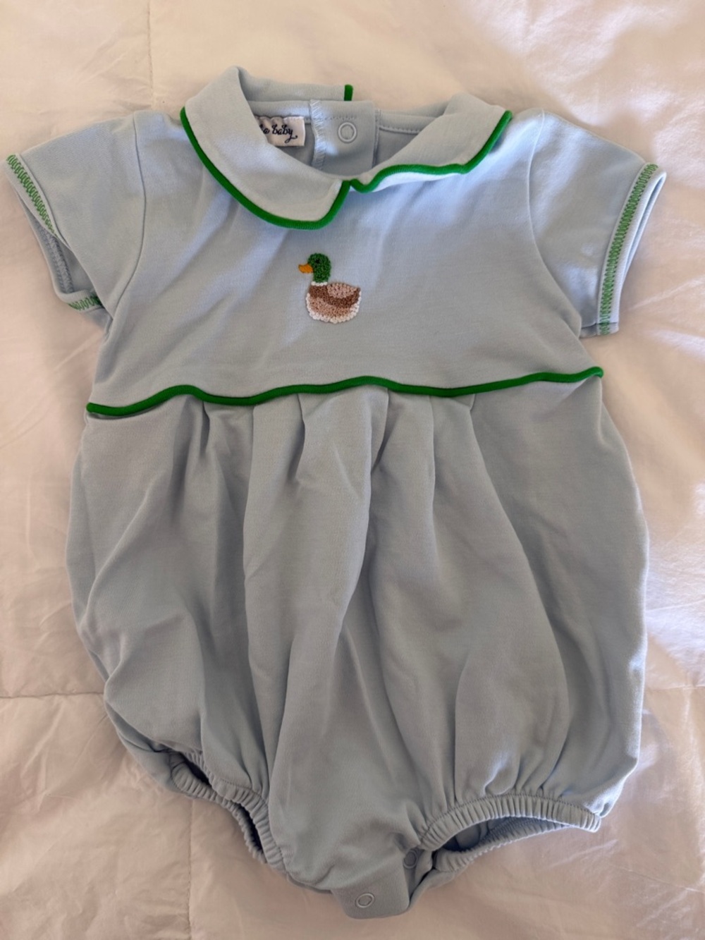 Classic Light Blue Baby One-Piece with Green Trim and Duck Motif
